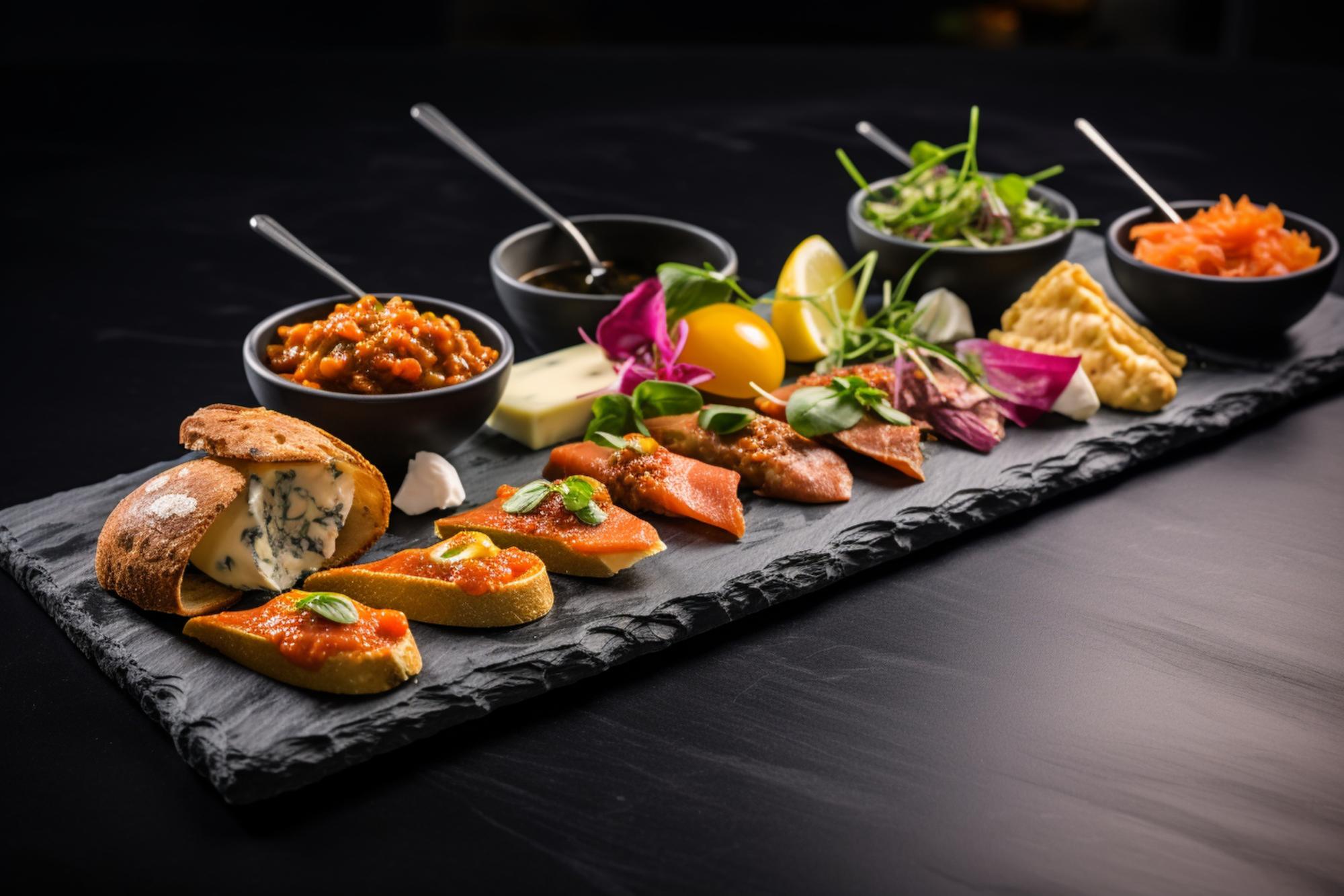 Assorted plated appetizers on slate